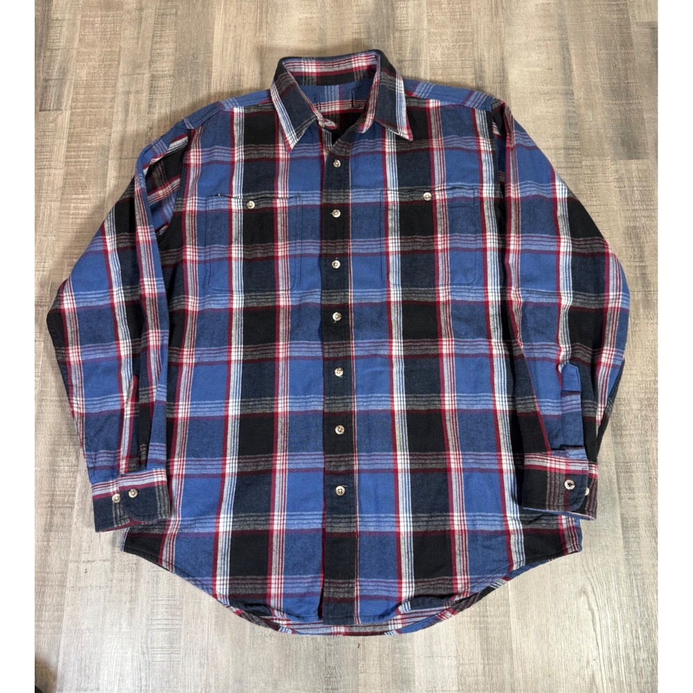 Vintage Long Sleeve Blue Black Red Plaid Flannel Button Down Shirt Pockets 2XL